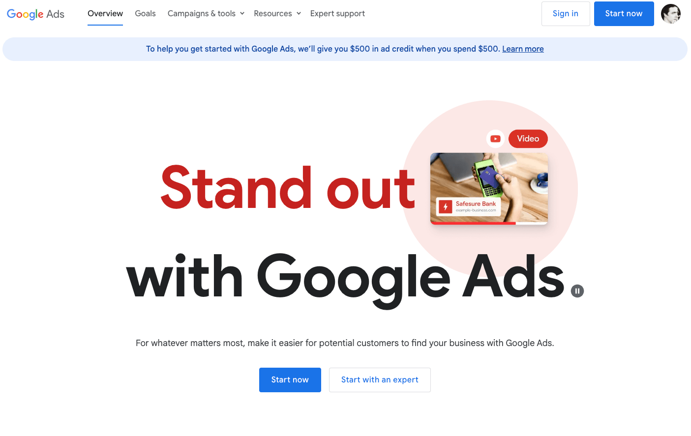 Screenshot of the
Google Ads homepage